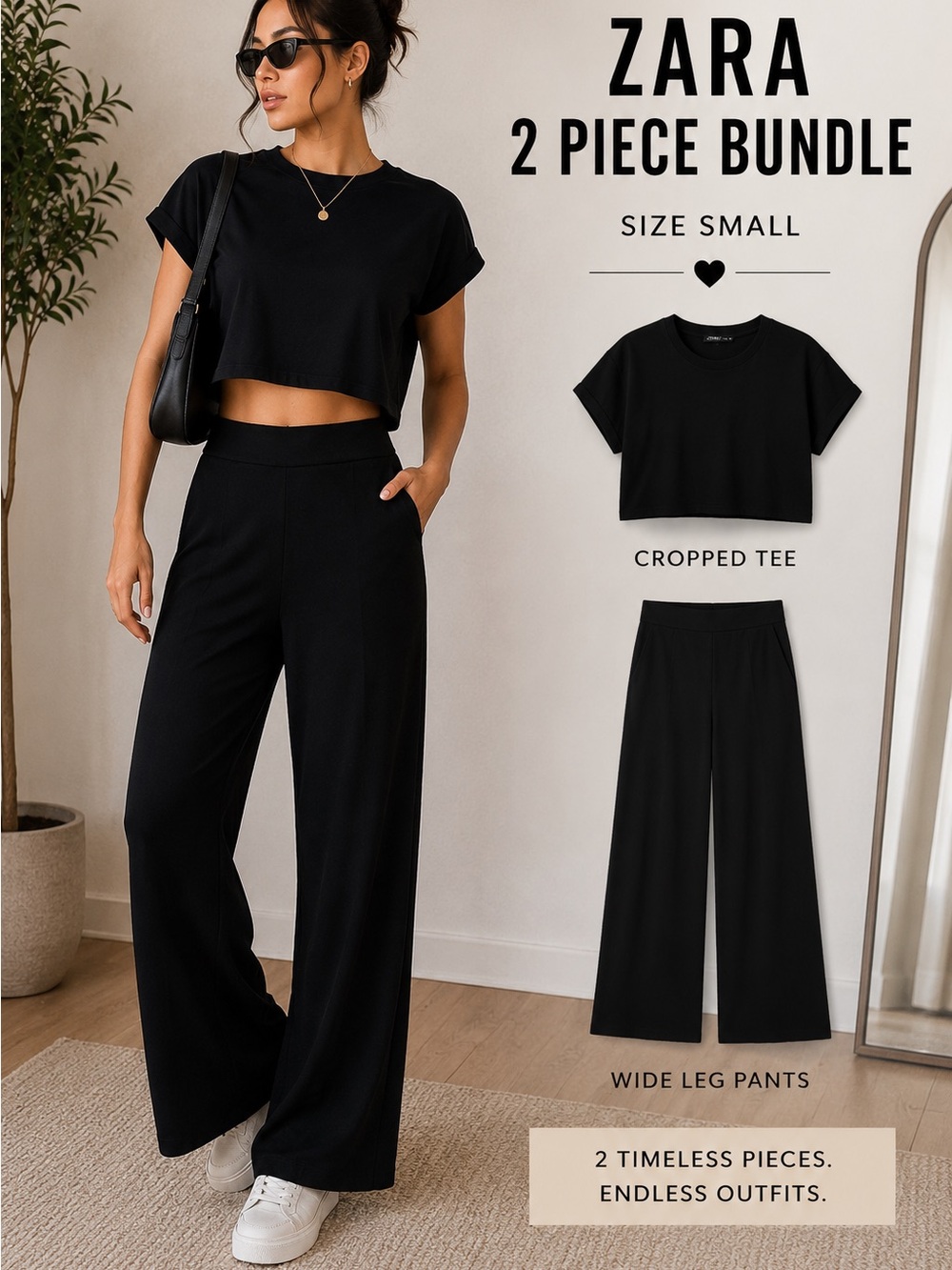 Zara Black 2 Piece Outfit Bundle Crop Top Wide Leg Pants Size S
